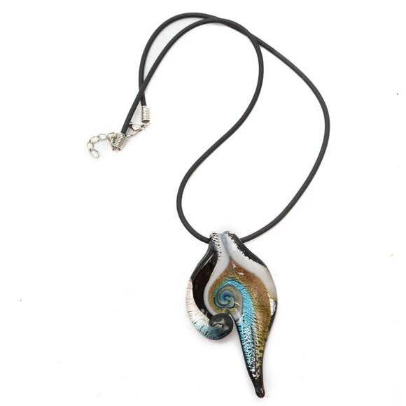 Art Glass Swirl Drop Pendant Necklace Murano Style Italy Gold Blue Black White - Picture 1 of 10